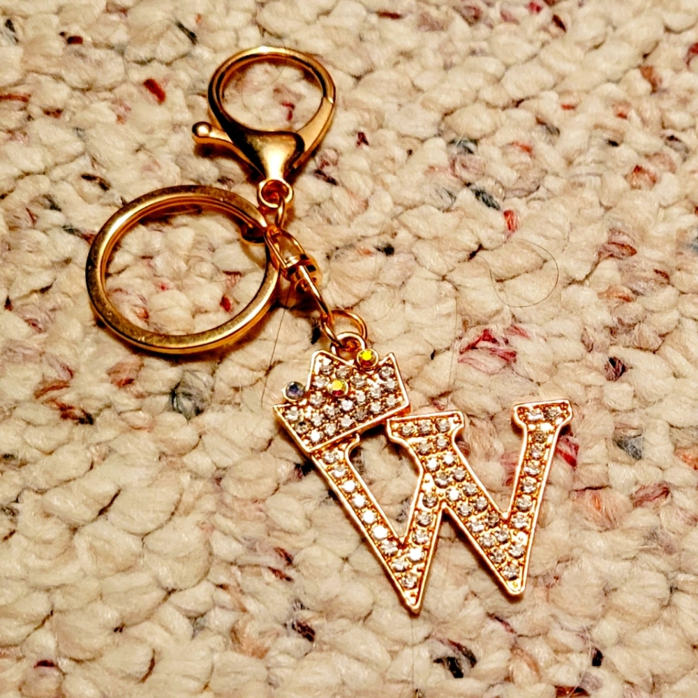Gold Rhinstone Initial W with Crown Queen Bag Tag